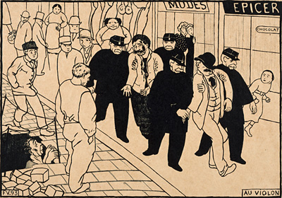 フェリックス・ヴァロットン『ブタ箱送り（息づく街パリIII）』1893年　ジンコグラフィ、紙　三菱一号館美術館蔵