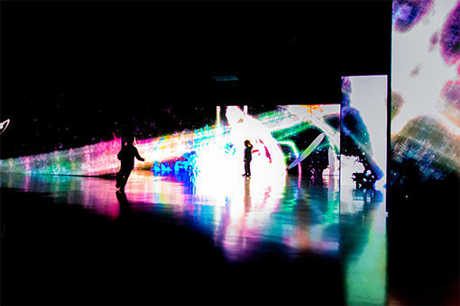 チームラボ『追われるカラス、追うカラスも追われるカラス、そして分割された視点―Light in Dark』2014年、展示風景：日本科学未来館 ※参考作品