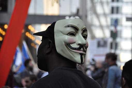 ガイ・フォークス・マスクを被った「オキュパイ」運動の参加者 Occupy Wall Street, 2011, credit David E. Cooley