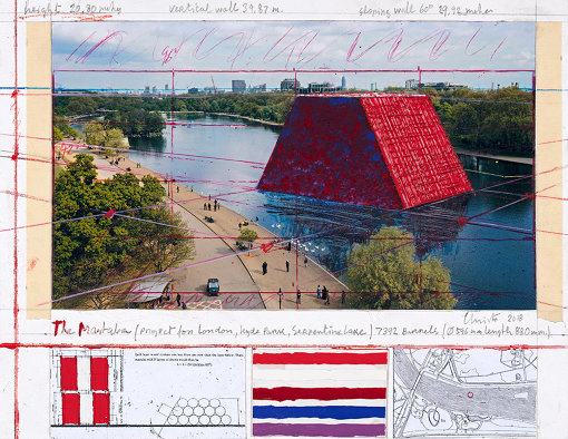 Christo The Mastaba (Project for London, Hyde Park, Serpentine Lake)
Collage 2018 8 1/2 x 11