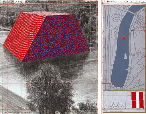 Christo, The Mastaba (Project for London, Hyde Park, Serpentine Lake)
Drawing 2017 in two parts, 30 1/2 x 26