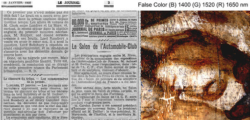 左：「ル・ジュルナル」紙（1902年1月18日号、 3頁）Source gallica.bnf.fr / BnF、右：赤外線ハイパースペクトル擬似色彩による新聞紙の文字の画像（反転画像）©John Delaney, National Gallery of Art, Washington