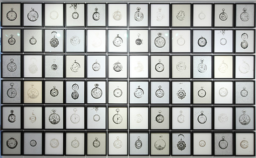 specimen(72 watches) / 2012 / burnt paper / 315mmx265mm(each size 72pieces) ©kosukeichikawa. Photo：木奥恵三