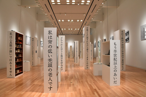 谷川の詩『自己紹介』（2007）より、1行ごとに「歴史」や「音楽」などテーマを設けてさまざまなものを展示