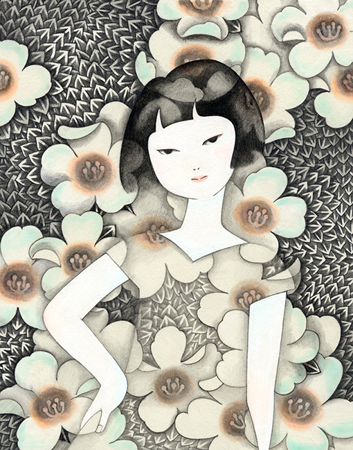 近藤聡乃『染み込む花園』イラストボードに鉛筆、アクリル絵具　25.7×18.2cm 2003
